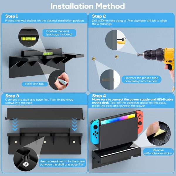 RGB Switch Wall Mount Kit for Nintendo Switch and OLED, Switch Dock Console Holder Stand, Switch Accessories with 7 Light Modes, 7 Card Slots, 4 Joypad Hangers, 2 USB Ports, Behind TV, Graphite Black - Image 7