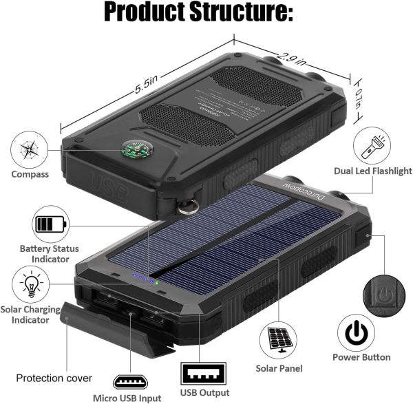 Solar Charger, 20000mAh Portable Outdoor Waterproof Solar Power Bank, Camping External Backup Battery Pack Dual 5V USB Ports Output, 2 Led Light Flashlight with Compass (Black) - Image 2