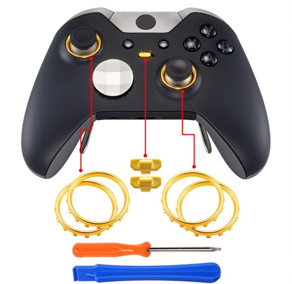 eXtremeRate Matte Chrome Gold Accent Rings Accessories for Xbox One Elite Controller, Replacement Parts Profile Switch Buttons for Xbox One Elite Controller (Model 1698) - Pack of 2