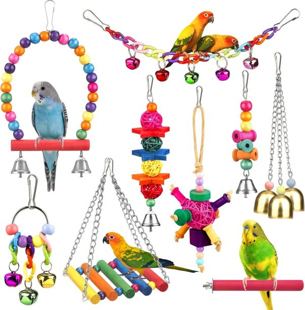 Bird Toys for Conures with Colorful Ladder Hammock Bird Cage Accerious Bird Perch Stand Chewing Toys Hanging Bell for Parrot Parakeet Cockatiel Lovebirds