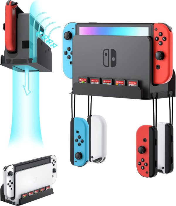 Wall Mount for Nintendo Switch and Switch OLED, Metal Wall Mount Kit Shelf Accessories with 5 Game Card Holders and 4 Joy Con Hanger, Safely Store Switch Console Near or Behind TV, Black