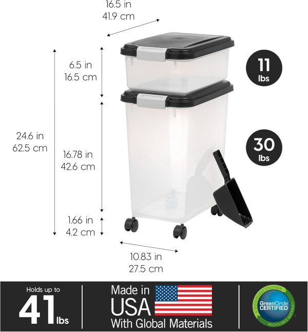 IRIS USA Dog Food Storage Container, 30 lbs & 11 lbs Combo, Cat Food Storage Container, Dog Treat Container, Airtight, Stackable, 2-Cup Scoop, Wheels, Easy Mobility, Black - Image 6