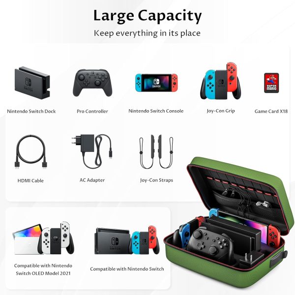 Switch Case, VORI Switch Carrying Case for Nintendo Switch and Switch OLED Model, Portable Full Protection Hard Shell Travel Storage Bag for Switch Console Pro Controller Accessories, Green - Image 2