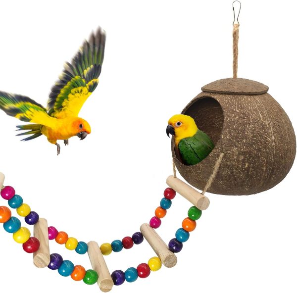 Hanging Coconut Bird House with Ladder,Natural Coconut Fiber Shell Bird Nest for Parrot Parakeet Lovebird Finch Canary,Coconut Hide Bird Swing Toys for Hamster,Bird Cage Accessories,Pet Bird Supplies