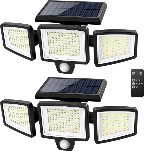 Tuffenough Solar Outdoor Lights 2500LM 210 LED Security Lights with Remote Control,3 Heads Motion Sensor Lights, IP65 Waterproof,270° Wide Angle Flood Wall Lights with 3 Modes(2 Packs)