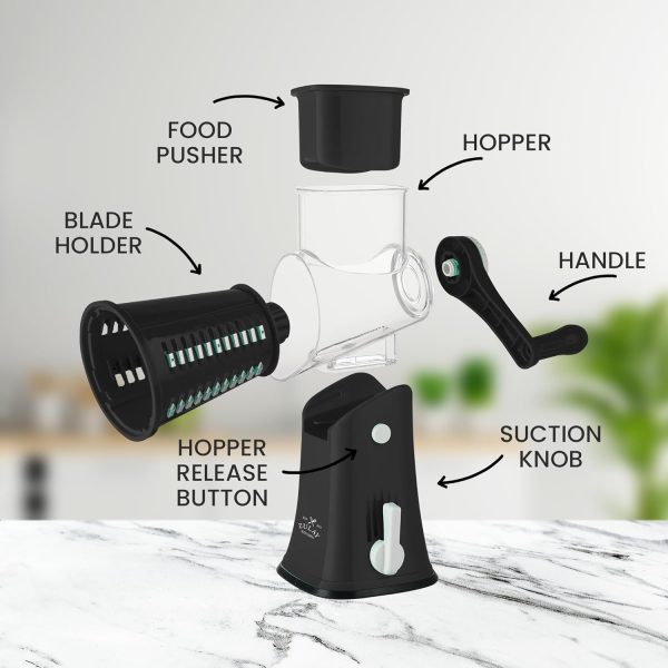 Zulay Rotary Cheese Grater 5 Blade Cheese Shredder - Manual Hand Crank Cheese Grater With Reinforced Suction & 5 Interchangeable Drums - Easy to Use, Vegetable Chopper Round Mandoline Slicer - Black - Image 12