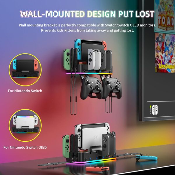 RGB Switch Wall Mount for Joy-Con Charger, Switch Holder for Nintendo Switch / OLED with Switch Organizer, Switch Accessories with 15 Light Mode, 4 Controller Charger, 2 USB Port, 10 Card Slot - Image 2