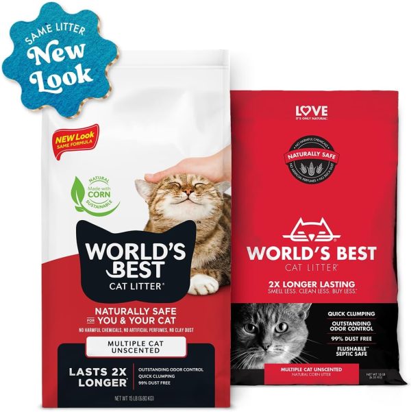 World's Best Cat Litter Multiple Cat Unscented, 32-Pounds - Natural Ingredients, Quick Clumping, Flushable, 99% Dust Free & Made in USA - Long-Lasting Odor Control & Easy Scooping - Image 2