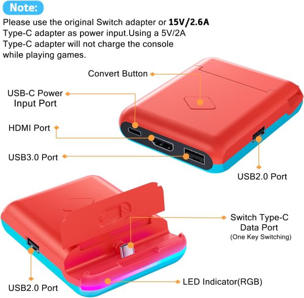 Docking Station for Nintendo Switch/Nintendo Switch OLED, TV Switch Dock Station Charging Dock with 4K HDMI/USB 3.0/ USB-C Port,Compatible with Official Nintendo Switch Dock (Red) - Image 7