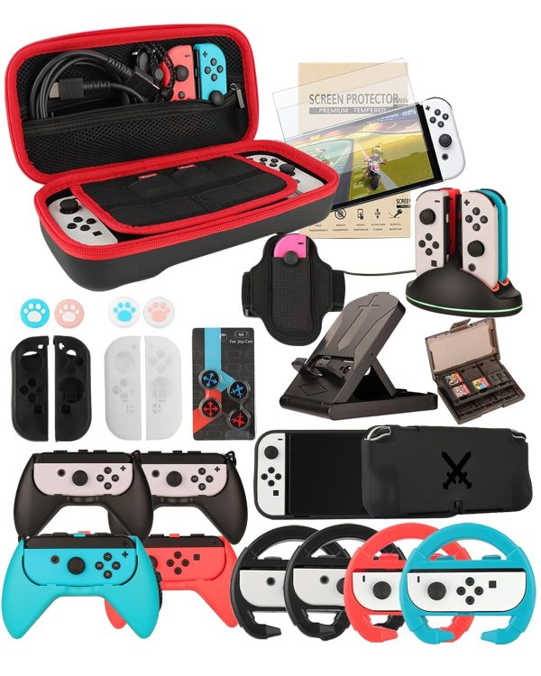 Switch OLED Accessories - 28 in 1 Accessory Bundle Kit for Nintendo Switch OLED Edition,Large Capacity Carrying Case&Tempered Glass Protector,Joy Con Charger, Gaming Steering Wheels, Grips and More