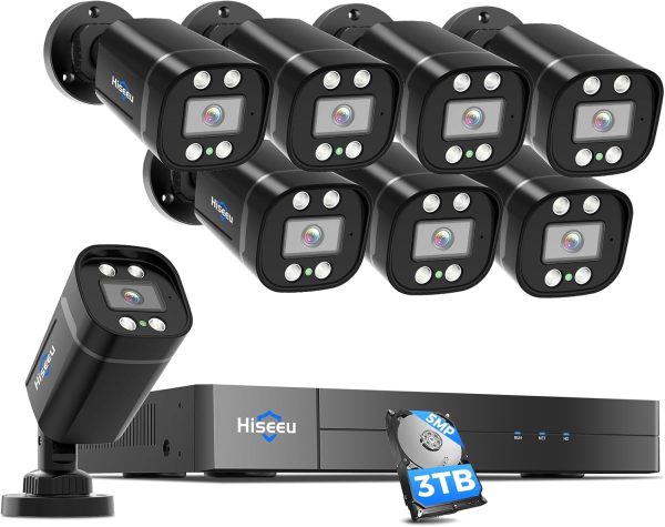 [3TB HDD] Hiseeu 3K 8ch Wired Security Camera System with Vehicle/Human Detection Home CCTV Camera System w/8pcs Security Cameras 5MP H.265+ DVR Outdoor&Indoor,Remote Access,Night Vision,24/7 Record