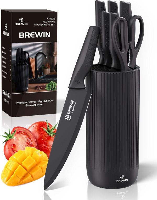 Knife Set, Brewin Kitchen Knife Set, Knives Set for Kitchen, Universal Knife Block, Utility Knife Block Set, Kitchen Essentials, New Home Essentials, Apartment Essentials, Dishwasher Safe