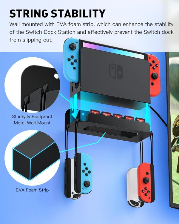 Wall Mount for Nintendo Switch and Switch OLED, Metal Wall Mount Kit Shelf Accessories with 5 Game Card Holders and 4 Joy Con Hanger, Safely Store Switch Console Near or Behind TV, Black - Image 3