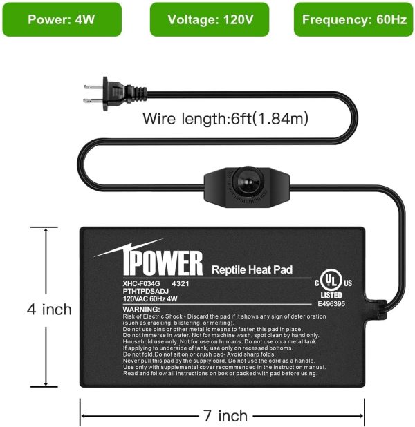 iPower 4 by 7 Inch Reptile Heating Pad with Temperature Adjustable Controller Knob, Under Tank Warmer Terrarium Heat Mat for Reptiles and Amphibians - Image 3