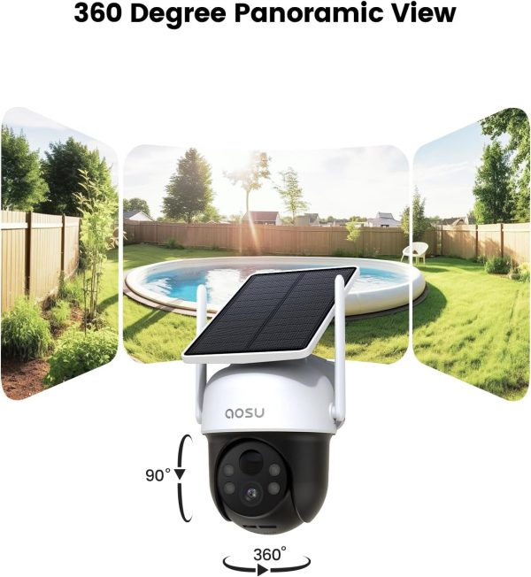 AOSU Solar Camera Security Outdoor - 100% Wire-Free Security Cameras Wireless Outdoor for Home Surveillance with Fixed Solar Panel, 360° Panoramic View, Human Auto Tracking, 2K Color Night Vision - Image 3