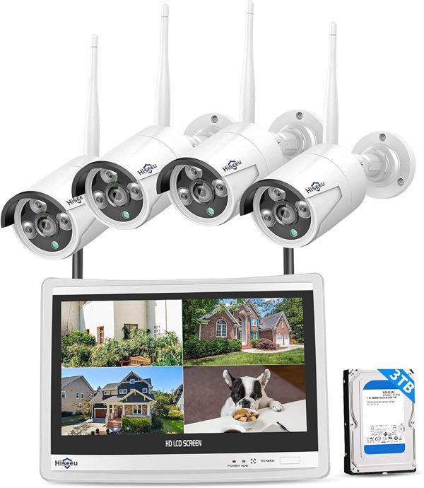 [16CH Expandable, 5MP] Hiseeu Home Security System, 2.4G/5G Wireless WiFi Pro 4K Full 12" LCD Monitor Built in NVR, 24/7 Recording, 3TB HDD, DC12V 5MP Outdoor Bullet Cameras, Night Vision, Waterproof