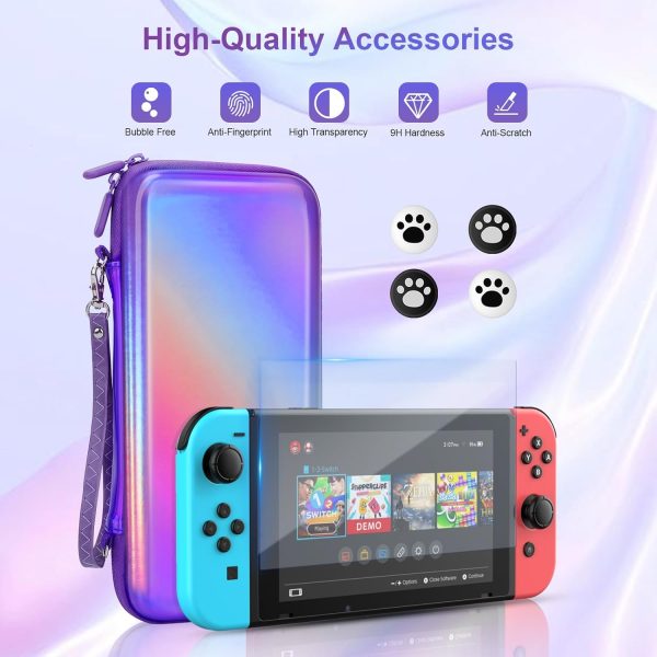 belle&birdie Nintendo Switch Accessories-Hard Protective Carry Case for Switch OLED witch 10 Game Card Slot,Soft TPU Cover, Screen Protector,Adjustable Strap,Thumb Grip Caps (Laser Purple) - Image 4