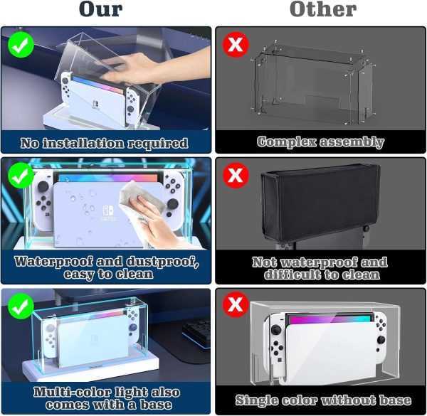 Mooroer Dust Cover with 16 LED Colors Light Base for Nintendo Switch/OLED, Acrylic Clear Display Box Anti-Scratch Waterproof Slim Dock Case, Cool Switch Accessories - Image 9