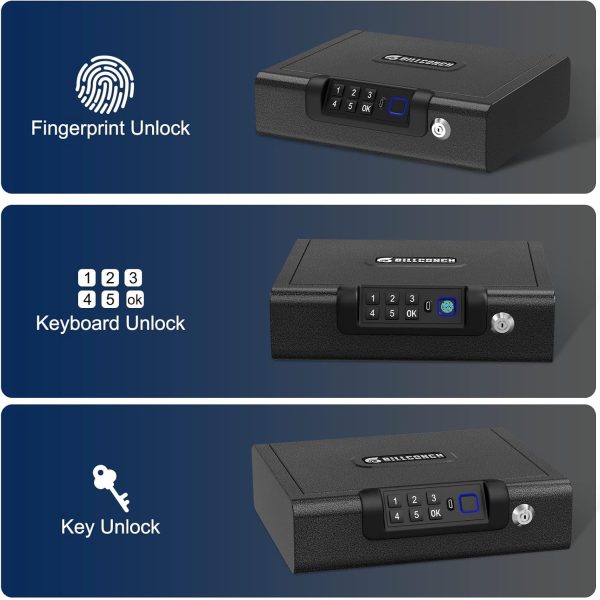 Gun Safe,Biometric Gun Safe for Pistols 3-Ways unlock Safe Fingerprint Digital PIN Key Unlock with Voice, Gun lock box for Cloakroom living room Bedroom Nightstand and Car BILLCONCH - Image 2