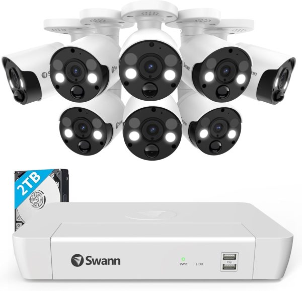 Swann 4K UHD Security Camera System, 8 Channel NVR with 1TB, 8 Cameras PoE Cat5e Indoor Outdoor, 8MP Wired Surveillance CCTV, True Detect, Color Night Vision, 2-Way Audio, Siren, Spotlight, 24/7