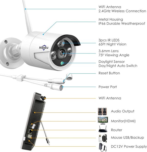 [16CH Expandable, 5MP] Hiseeu Home Security System, 2.4G/5G Wireless WiFi Pro 4K Full 12" LCD Monitor Built in NVR, 24/7 Recording, 3TB HDD, DC12V 5MP Outdoor Bullet Cameras, Night Vision, Waterproof - Image 9