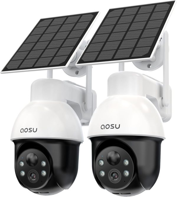 AOSU 3K/5MP Solar Security Cameras System Wireless Outdoor, Battery Powered WiFi Camera for Home Security, Panoramic PTZ, Auto Tracking, Human/Vehicle Detection, Color Night Vision (2 Pack)