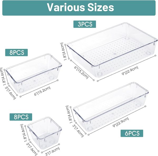 WOWBOX 25 PCS Clear Plastic Drawer Organizer Set, 4 Sizes Desk Drawer Divider Organizers and Storage Bins for Makeup, Jewelry, Gadgets for Kitchen, Bedroom, Bathroom, Office - Image 2