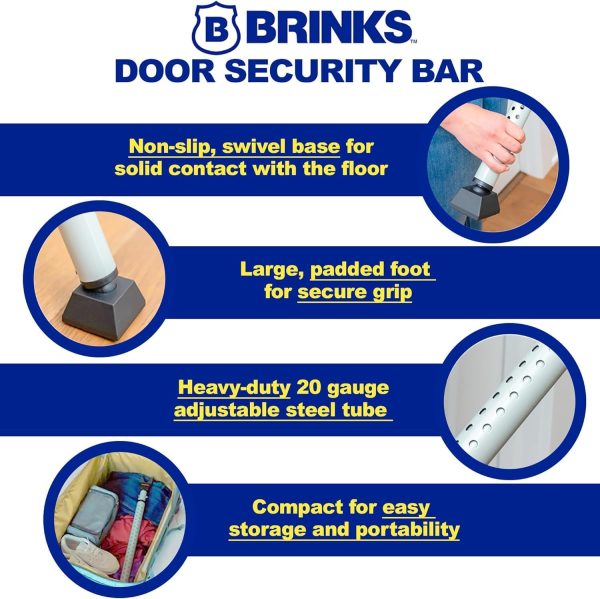 BRINKS- Portable Door Security Bar, Silver, 2 Pack- Adjustable Security Door Jammer- Fits Standard Sliding Doors, Hinged Doors, and Windows- for Travel, Home, Dorm - Image 2