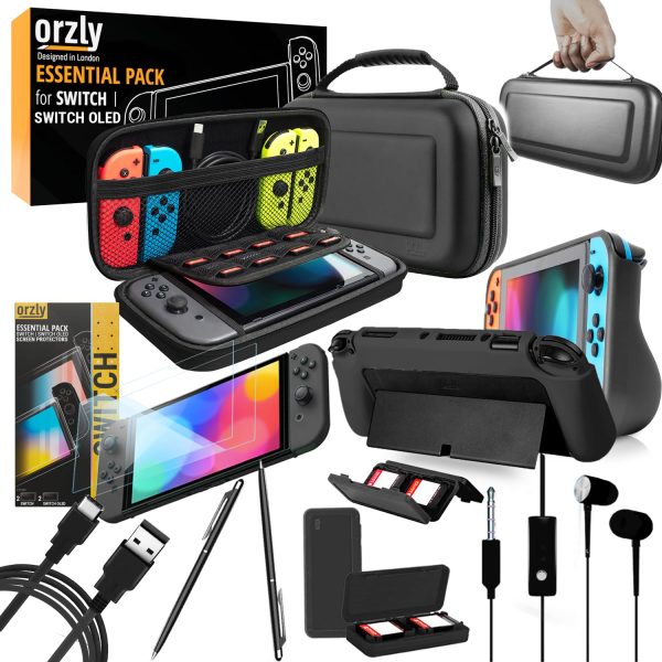 Switch Accessories Bundle - Orzly Essentials Pack for Nintendo switch OLED Case & Screen Protector , Grip Case, Games Holder, Headphones - Classic Black Edition