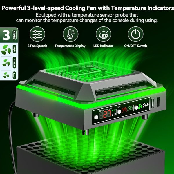 Cooling Fan for Xbox Series X Console, Charger Station with 2 x 2640 mWh Rechargeable Battery Packs for Xbox Series/One-X/S/Elite Controller, Xbox Series X Fan with 3 Gear, TEMP Display - Image 2