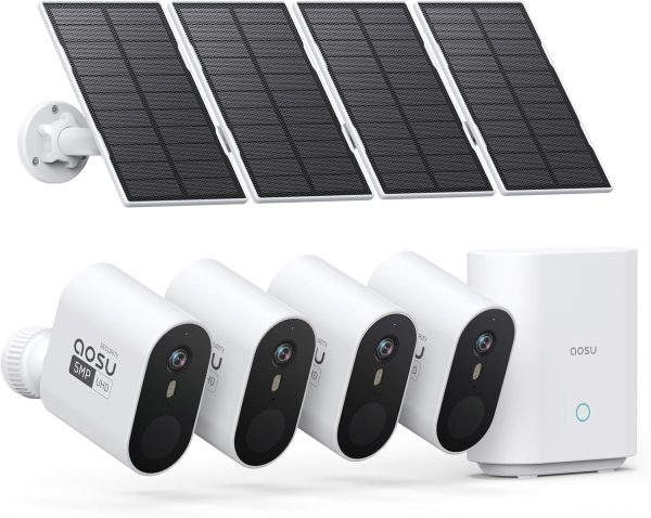 AOSU 5MP Solar Security Cameras Outdoor Wireless, Ultra HD Video Home Security System 4-Cam Kit with 166° Ultra Wide Angle, Cam-to-Cam Sync, Color Night Vision, Spotlight & Siren, No Monthly Fees