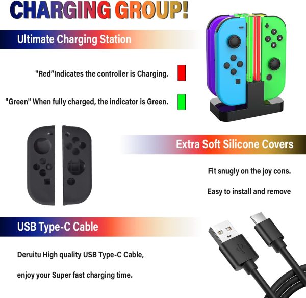 Deruitu Switch Accessories Bundle Compatible with Nintendo Switch, Kit with Carrying Case, Screen Protector, Compact Playstand, Game Case, Joystick Cap, Charging Dock,Steering Wheel, (18 in 1) - Image 6