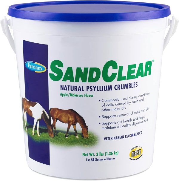 Farnam Sand Clear for Horses Natural Psyllium Crumbles, Veterinarian recommended to support the removal of sand & dirt from the ventral colon, 3 lbs., 9 scoops