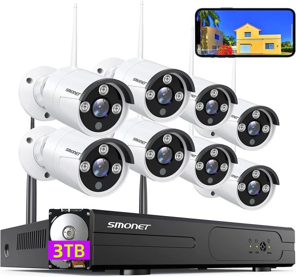 Wireless Security Camera System,SMONET 1080P 8 Channel Home Surveillance DVR Kits with 8pcs 2MP Full HD Cameras 3TB HDD Night Vision Motion Detection Free App for Indoor Outdoor 24/7 Video Recording