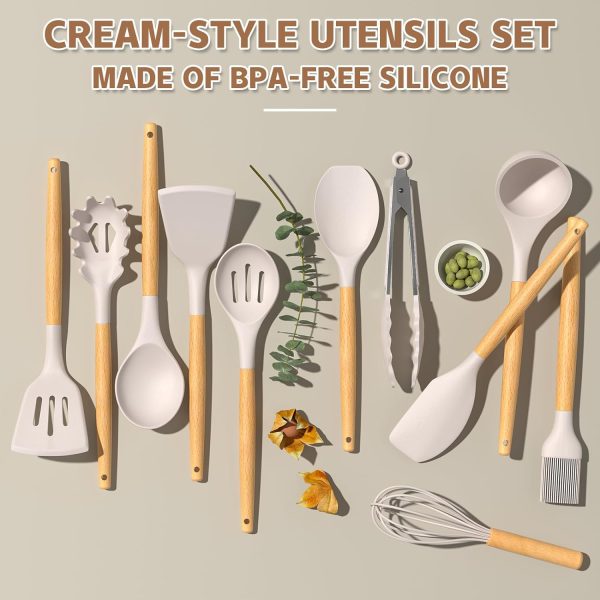 Umite Chef Kitchen Cooking Utensils Set, 33 pcs Non-Stick Silicone Cooking Kitchen Utensils Spatula Set with Holder, Wooden Handle Silicone Kitchen Gadgets Utensil Set (Khaki) - Image 4