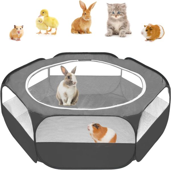 Amakunft Guinea Pig Playpen with Cover, Bunny Playpen with Top, Rabbit Pop Up Playpen with Roof, Small Animal Play Pen Indoor, for Ferret/Chinchilla/Bearded Dragon/Rat/Kitten (Black)