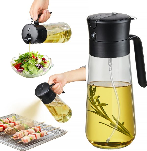 Glass Olive Oil Dispenser Bottle & Oil Sprayer Bottle 2 In 1 for Kitchen Cooking, Auto Flip Cap, 18oz Black