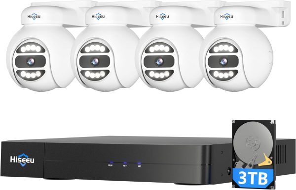 [Human Tracking+3TB HDD] Hiseeu 4K PoE Security Camera System,Home Security Systems w/4Pcs 5MP PoE Camera Outdoor,PTZ,300°Pan 90°Tilt,2-Way Audio, Alarm Light, Playback,24/7 Record & CCTV Surveillance