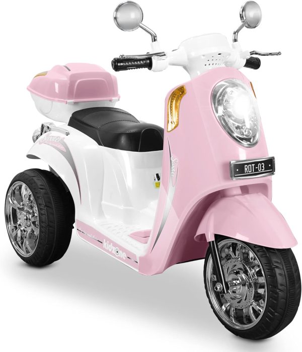 Kidzone Ride On Motorcycle Toy 3-Wheel Battery Powered Motorbike for Kids with Music, Headlight, Horn, Storage Trunk, Key Switch for Boys & Girls - Light Pink