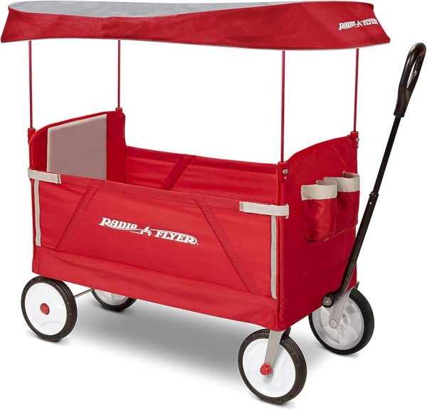 Radio Flyer 3 in 1 EZ Fold Stroller Wagon All Terrain Outdoor Collapsible Off Road Cart with Canopy and Adjustable Handle for Kids and Cargo, Red