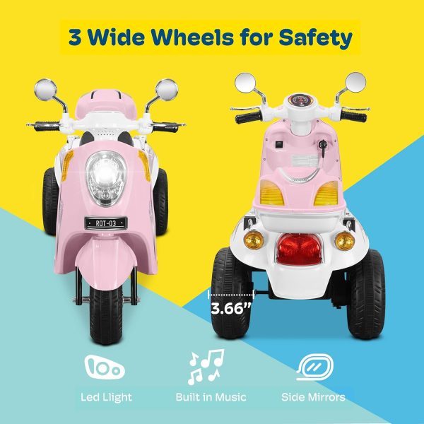 Kidzone Ride On Motorcycle Toy 3-Wheel Battery Powered Motorbike for Kids with Music, Headlight, Horn, Storage Trunk, Key Switch for Boys & Girls - Light Pink - Image 4