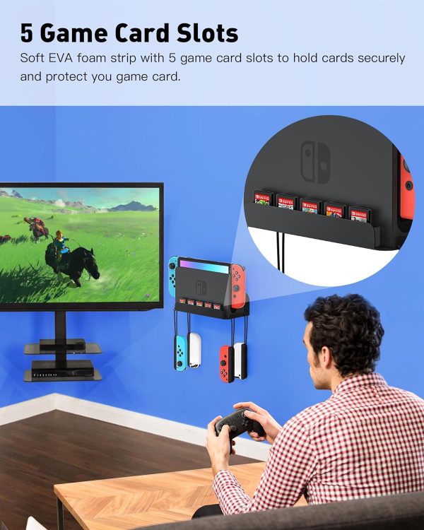 Wall Mount for Nintendo Switch and Switch OLED, Metal Wall Mount Kit Shelf Accessories with 5 Game Card Holders and 4 Joy Con Hanger, Safely Store Switch Console Near or Behind TV, Black - Image 5