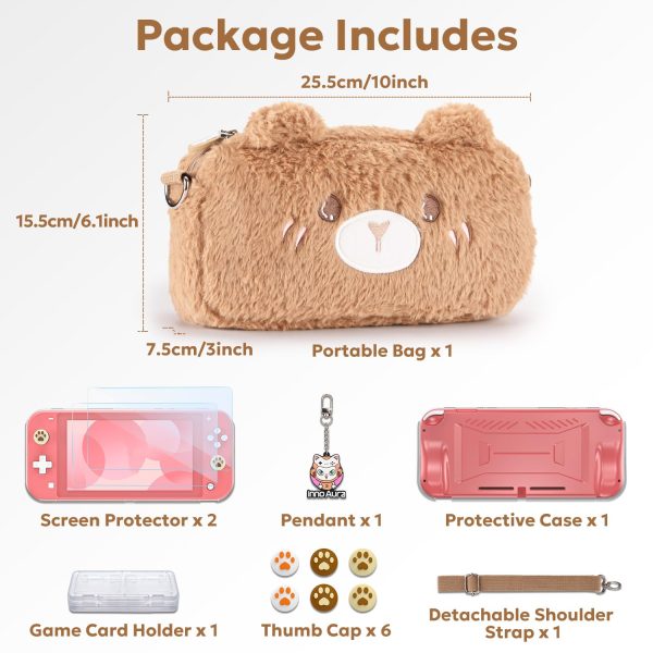 innoAura Switch Lite Case, 14 in 1 Switch Lite Accessories Bundle with Cute Switch Lite Carrying Case, Switch Lite Screen Protector, Switch Game Case, Switch Thumb Caps (Brown Bear) - Image 4