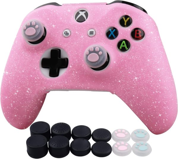 RALAN Glitter Controller Skin for Xbox One, Anti-Slip Silicone Controller Cover Protector Compatible for Xbox 1 Wireless/Wired Gamepad Joystick with 4 Thumb Grips Caps and Black Pro Thumb Grip x 8