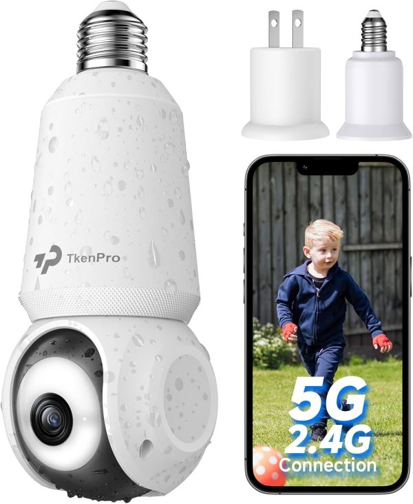 2K Light Bulb Security Cameras Wireless Outdoor, 5G&2.4G WiFi Cameras for Home Security Outside Indoor, IPX6 Waterproof, 360° Motion Tracking and AI Human Detection, Security Camera Outdoor-White