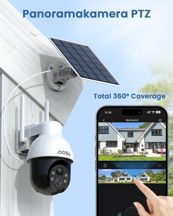 AOSU 3K/5MP Solar Security Cameras System Wireless Outdoor, Battery Powered WiFi Camera for Home Security, Panoramic PTZ, Auto Tracking, Human/Vehicle Detection, Color Night Vision (2 Pack) - Image 2