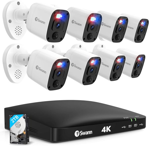 Swann 4K Security Camera System DVR with 2TB HDD, 8 Channel 8 Cam, Indoor Outdoor Wired 8MP Home Surveillance Bullet Cameras, Color Night Vision, 24/7,Heat Motion Detection, LEDs, Sirens and Mic