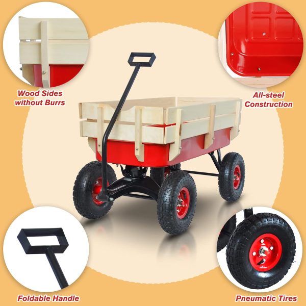 All Terrain Wagons for Kids Wagon with Removable Wooden Side Panels Garden Wagon Cart Heavy Duty with Steel Wagon Bed Folding Wagons for Kids/Pets Ideal Gift for Kids Halloween Christmas,Red - Image 2