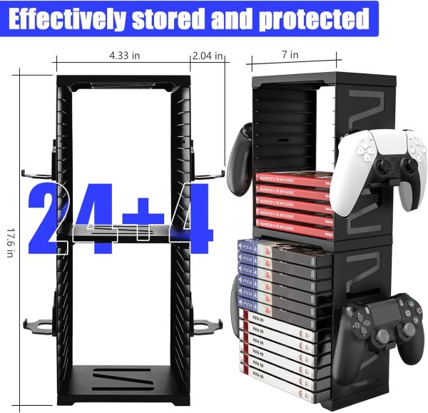 SIKEMAY Game Storage Tower for PS5/ PS4/ Xbox Series S & X/Xbox, Universal Video Games Discs Organizers 24 PCS with 4 Controllers Holder, Game Disk Box Stand Rack Accessories - Black - Image 2