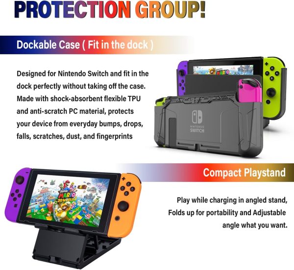 Deruitu Switch Accessories Bundle Compatible with Nintendo Switch, Kit with Carrying Case, Screen Protector, Compact Playstand, Game Case, Joystick Cap, Charging Dock,Steering Wheel, (18 in 1) - Image 4